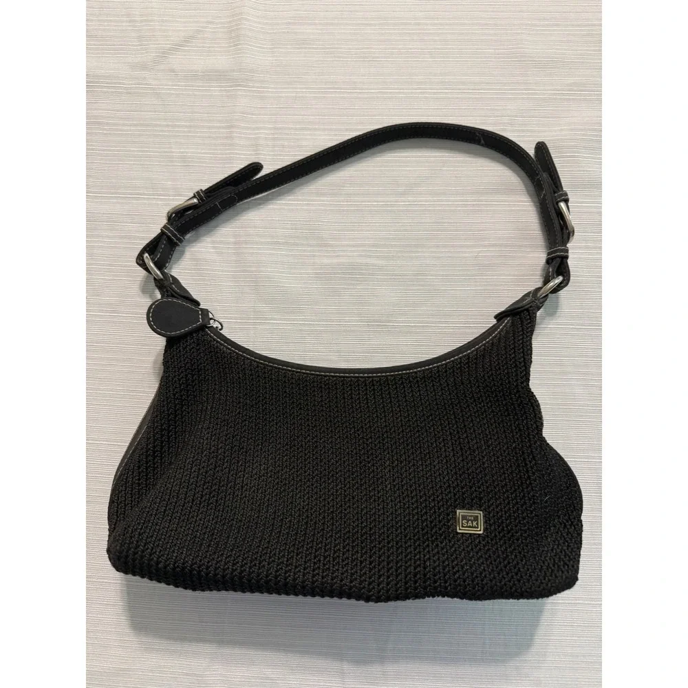 The Sak Black Crochet Shoulder Bag Y2K Hobo Handbag Adjustable Leather Strap